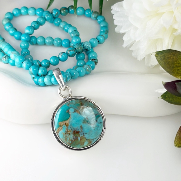 Mohave Turquoise Pendant Necklace Boho Southwest Round Blue Handmade New 925 - Picture 2 of 8